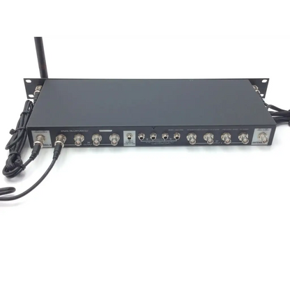 Black metal rack-mountable shure ua844 uhf antenna with multiple bnc and 3.5mm ports and labeled signal inputs on back side