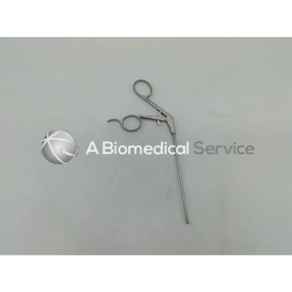 Silver shutt linvatec surgical arthroscopic grasping forceps with curved handles and long slender shaft for precision use