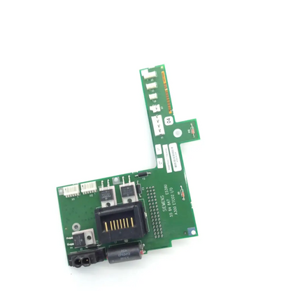 Green siemens e539u l59 847 e330 i/o module with black connectors and white labeling for biomedical service and electronics recycling