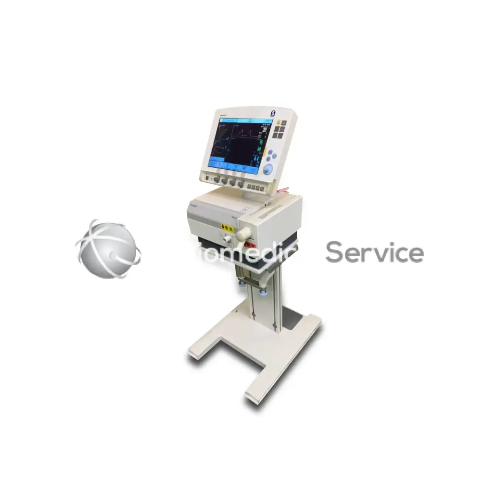 White Siemens Maquet servo-i medical monitor with touchscreen and control panel mounted on a stand for biomedical service