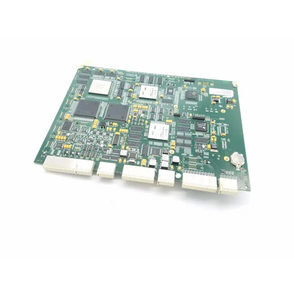 Green circuit board with black and white integrated circuits and gold connectors of siemens medical solutions x300 ultrasound board rev 03