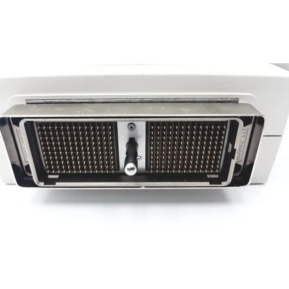 Silver metallic connector with pins and screw on the back of siemens pa230e ultrasound transducer housing