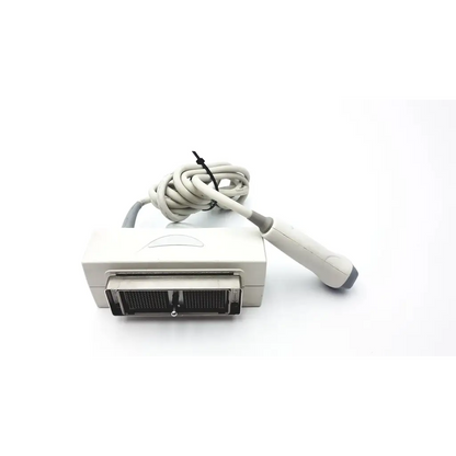 Beige siemens pa230e ultrasound transducer probe with coiled cable and ergonomic handle for medical imaging use