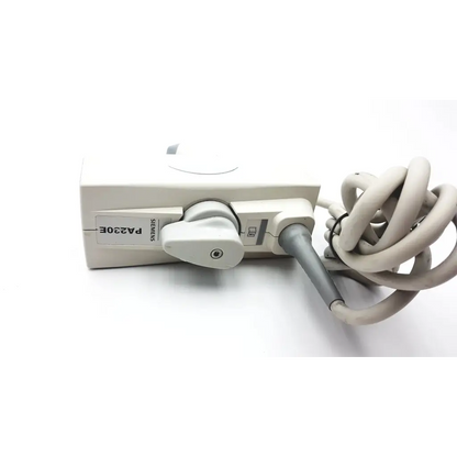 Siemens PA230E ultrasound transducer with beige plastic housing and coiled gray cable for medical imaging