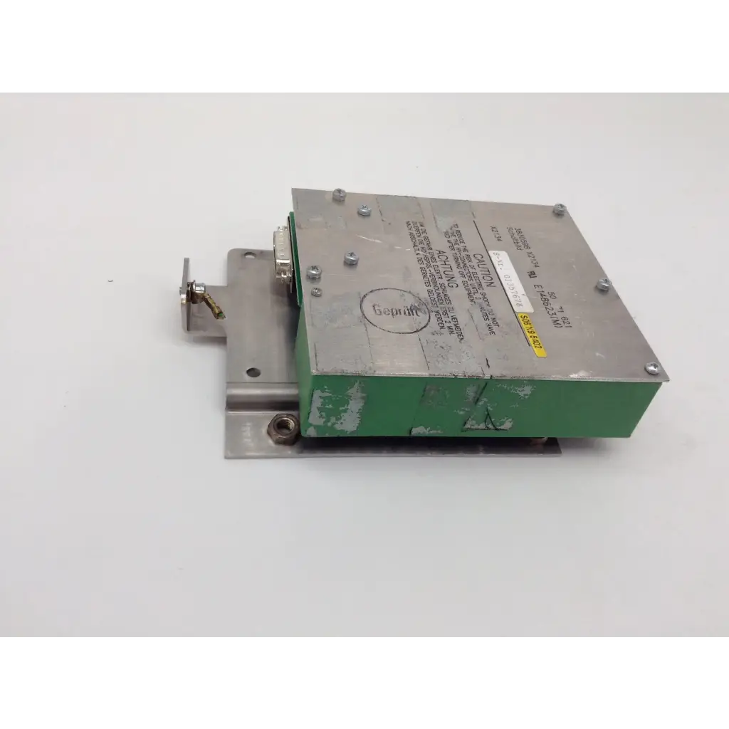 Green and silver metallic industrial box with stamped beproft logo and technical specifications for siemens e148623m c-arm