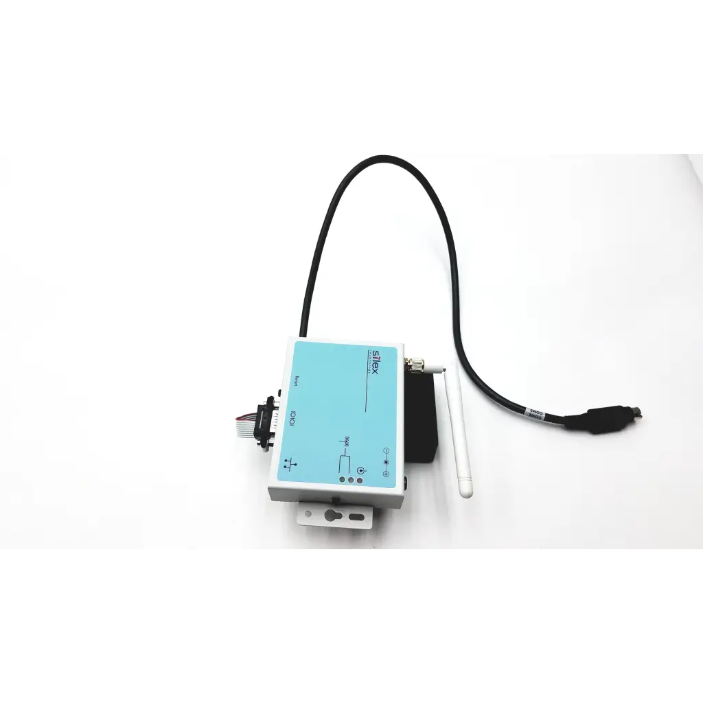Light blue and gray silex sx-500 wireless serial device with black cable external antenna and labeled serial device ports