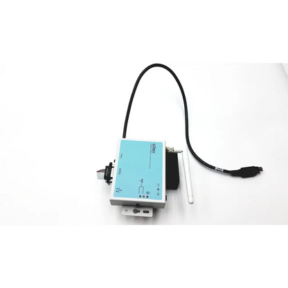 Light blue and gray silex sx-500 wireless serial device with black cable external antenna and labeled serial device ports
