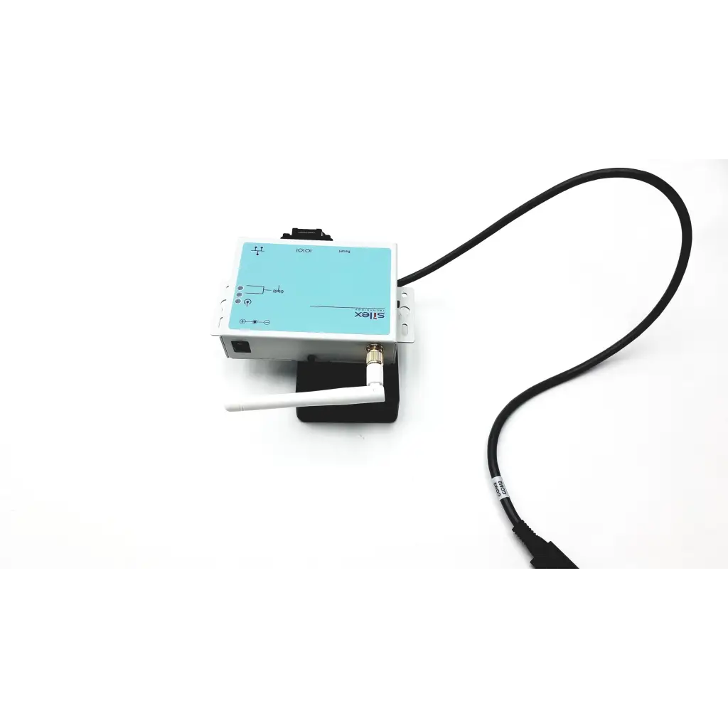 Light blue and white silex sx-500 wireless serial device server with black cable attached for wireless serial communication