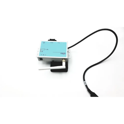 Light blue and white silex sx-500 wireless serial device server with black cable attached for wireless serial communication