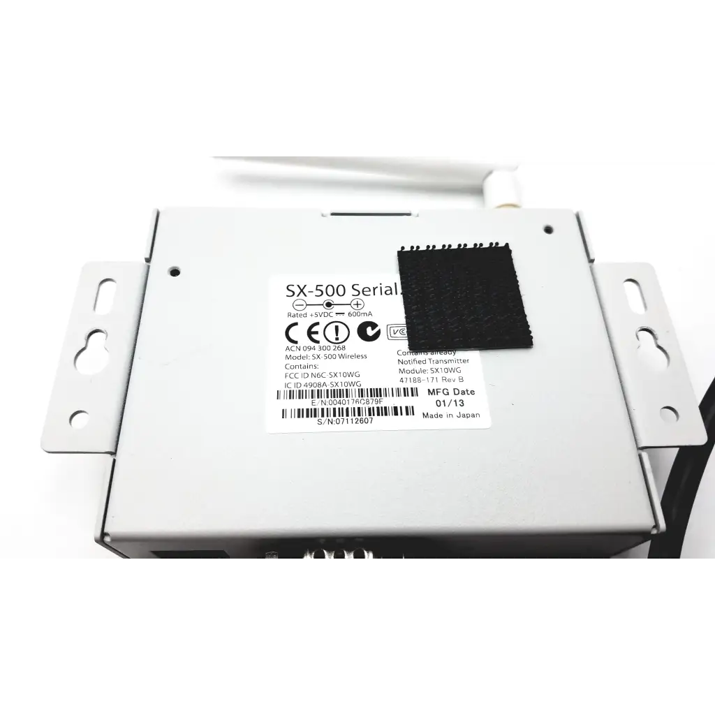 Silver metallic silex sx-500 wireless serial device server with black label and mounting brackets for wireless serial use