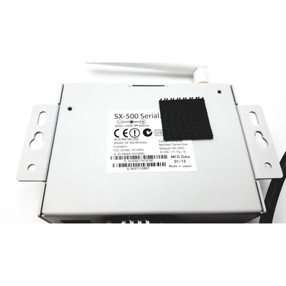 Silver metallic silex sx-500 wireless serial device server with black label and mounting brackets for wireless serial use