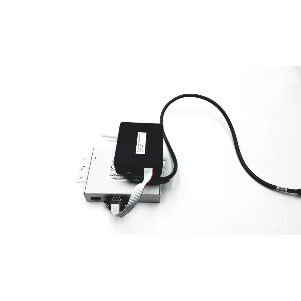 Black silicon sx-500 wireless serial device server with silver metallic base and connected cables for serial device use