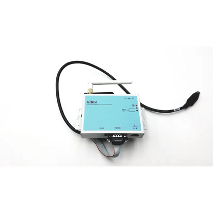 Light blue and white silex sx-500 wireless serial device server with built-in antenna multiple ports and black cables attached