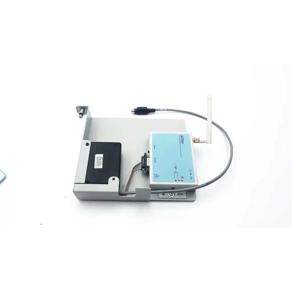 Gray metal industrial gateway with light blue control panel antenna and cable connectors for silex technology 75505r wireless serial server