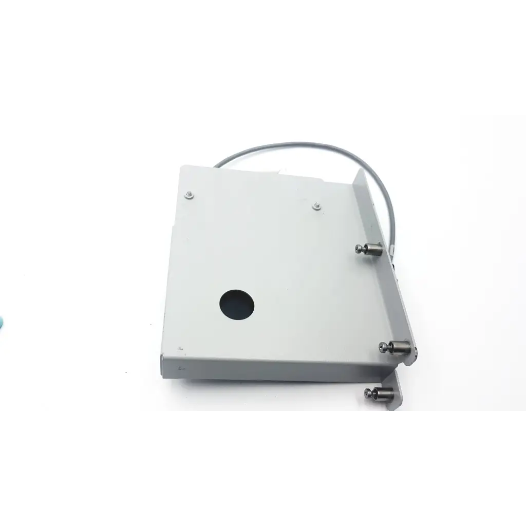 Gray metal mounting bracket with circular hole and four screws for silex technology 75505r wireless serial server