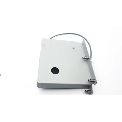 Gray metal mounting bracket with circular hole and four screws for silex technology 75505r wireless serial server