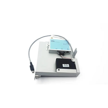 Silver metallic silex technology 75505r wireless serial server with light blue panel and black top component