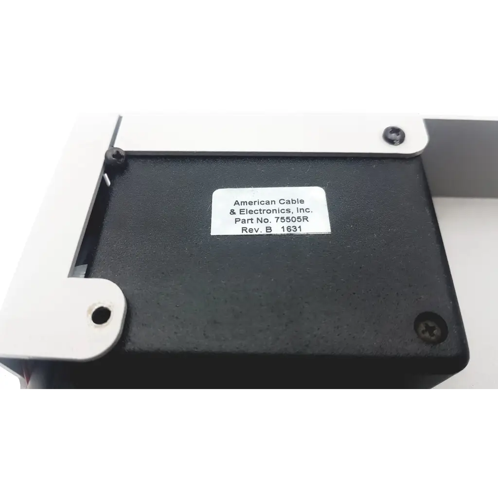 Black rectangular electronic housing with white label showing american cable electronics inc and part number 75505r for silex technology 75505r wireless serial server