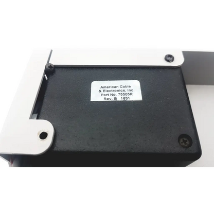 Black rectangular electronic housing with white label showing american cable electronics inc and part number 75505r for silex technology 75505r wireless serial server