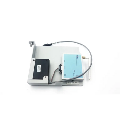 Light gray industrial-grade silex technology 75505r wireless serial server with small antenna and connected cables