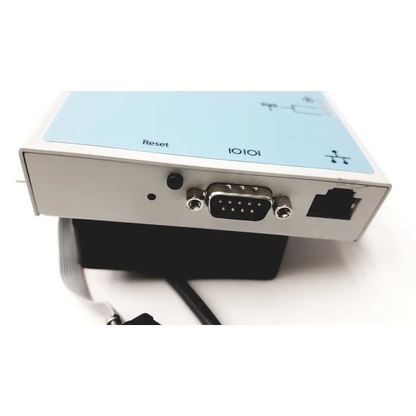 Light blue and silver silex technology sx-500 serial server with reset button 9-pin serial and ethernet ports labeled io101