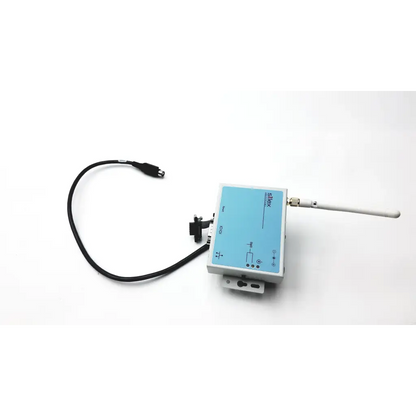 Light blue and gray silex technology sx-500 serial server with white antenna and labeled ports for industrial ethernet-to-serial conversion