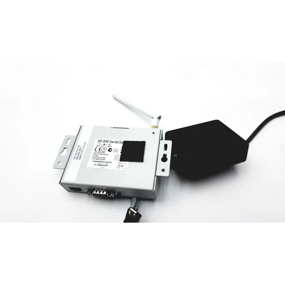 Silver metallic silex technology sx-500 serial server with white antenna and black cable for serial communication