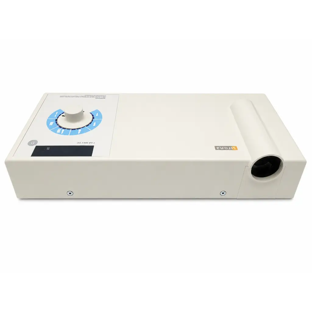 White rectangular sirona biomed certified dental generator electronic unit with blue dial and black display screen
