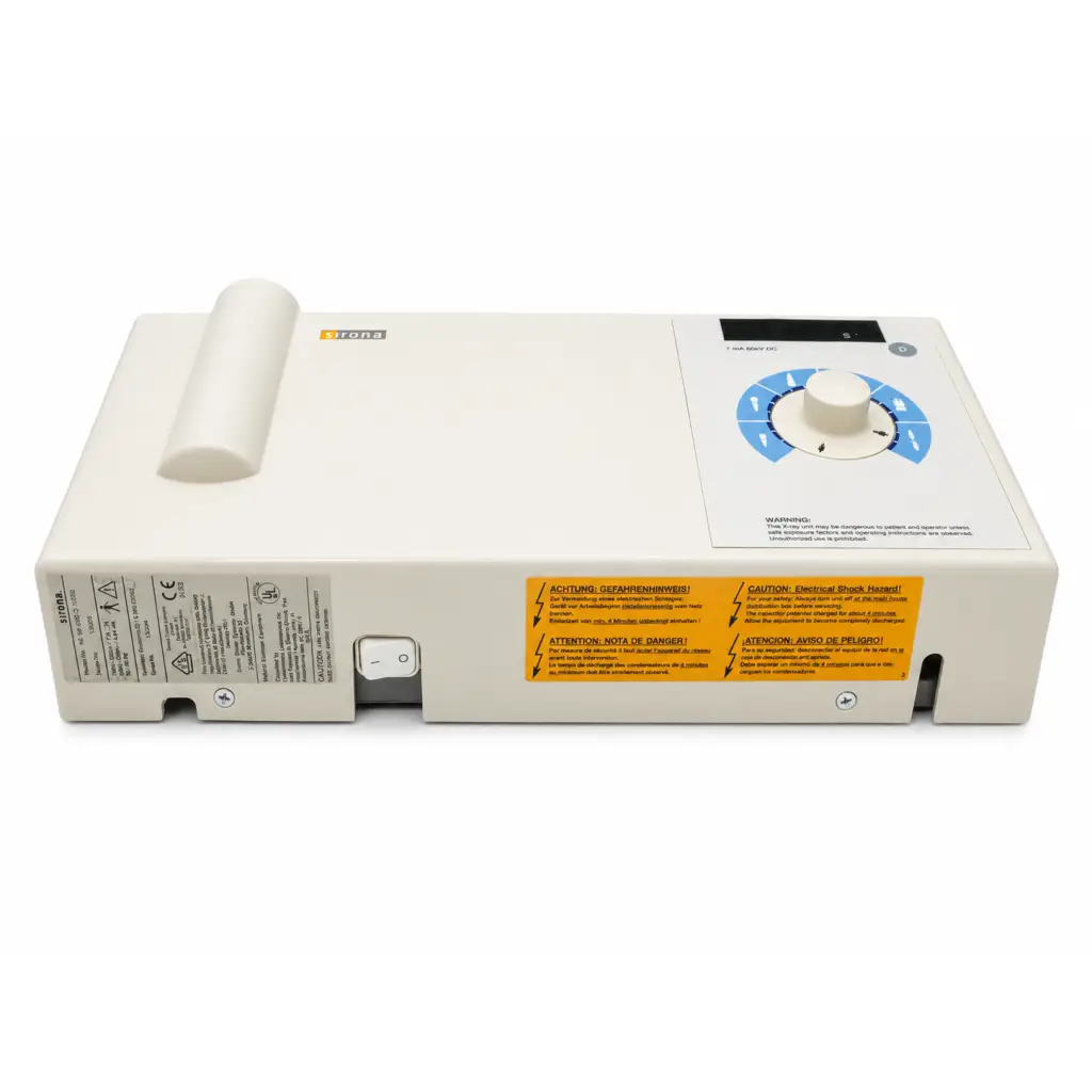 Cream-colored biomed certified dental generator electronic unit with white handle control dial and multilingual warning labels