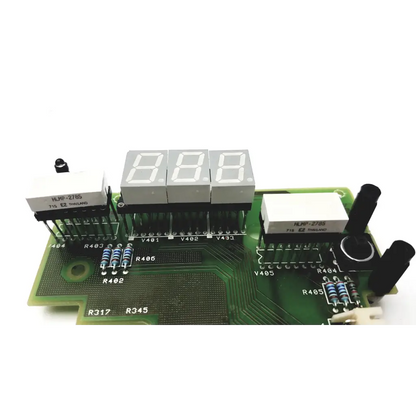 Green circuit board with digital display showing 8.8.8 and electronic components in sirona d3302 dental unit regulator board