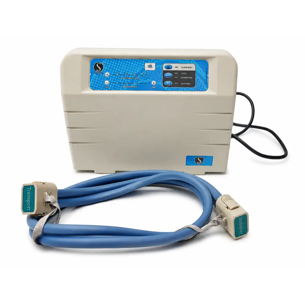 Beige plastic sizewise pulsate low air loss biomed certified control unit with blue panel and transport hose connectors