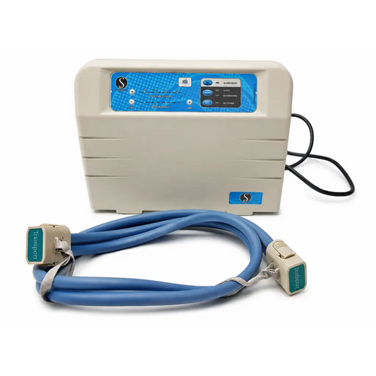 Beige plastic sizewise pulsate low air loss control unit with blue panel and transport hose connectors