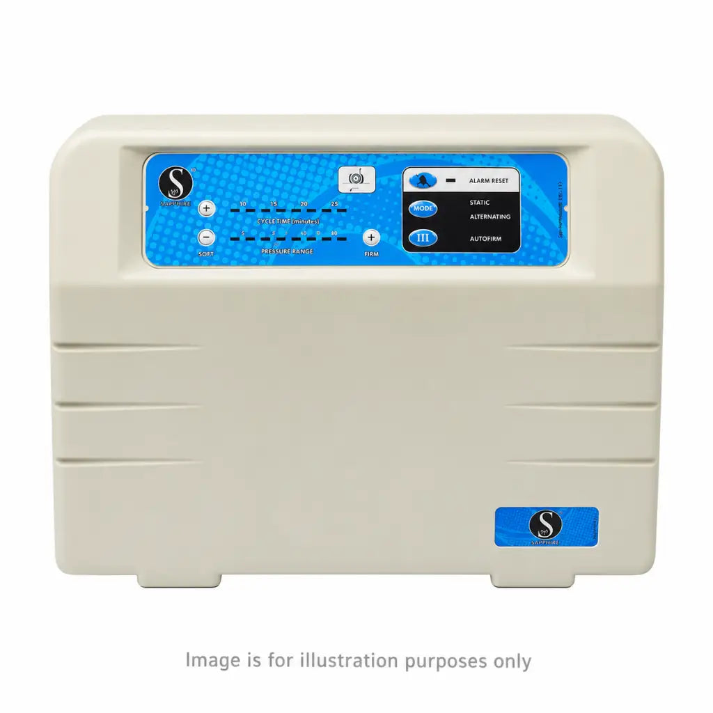 Cream-colored plastic control panel with blue digital display and buttons for dynamic alternating mattress pump settings