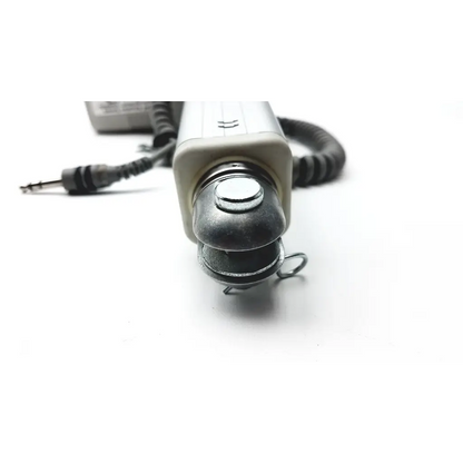 Silver and black handheld microphone with coiled cable and metal clip featured with skf actuation max30 200mm linear actuator