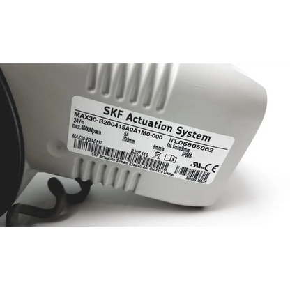 White plastic skf actuation system max30 200mm linear actuator with label showing technical specs and certification marks