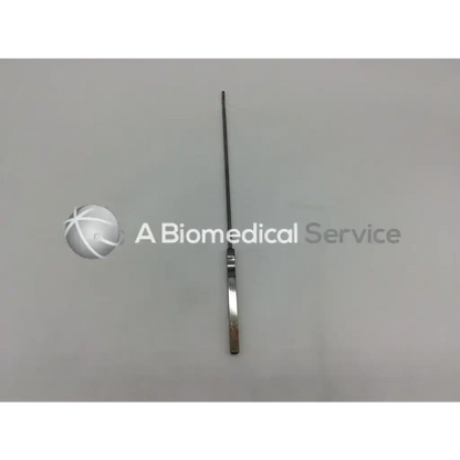 A sleek metallic kevorkian–younge curette with a long slender shaft and flat handle featuring a basket ad5-12 design