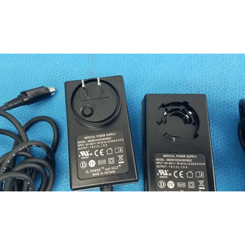 Black plastic medical power supply menb1020a0900b02 adapters with coiled cables lot of 2 by sl power ault