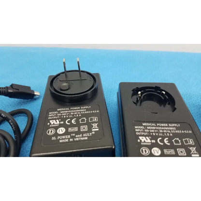 Black plastic medical power supply menb1020a0900b02 adapter with three-prong plug and coiled cable lot of 2