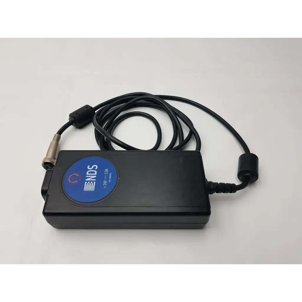 Black rectangular mw155ra2400f02 medical power supply with blue ends logo label connected to coiled black cables