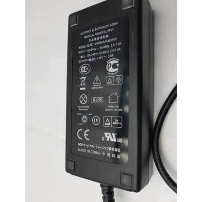 Black plastic medical power supply mw155ra2400f02 with matte finish and printed specifications on label back side