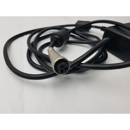 Black coiled power cable with silver 4-pin connector attached to sl power electronics mw155ra2400f02 medical power supply