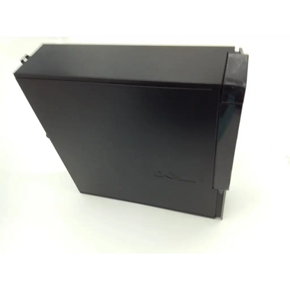 Slim dell core i5 desktop computer with black glossy rectangular plastic case and subtle embossed logo on front