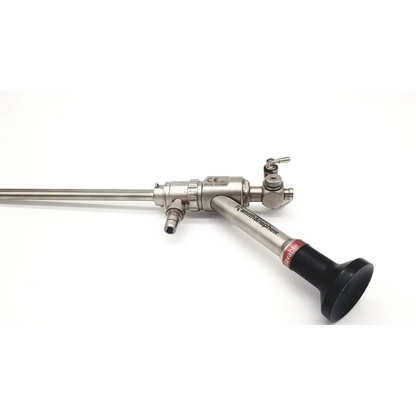 Silver metallic smith and nephew xl 460398 0° surgical endoscope with black ergonomic handle and red da54-43 labeling