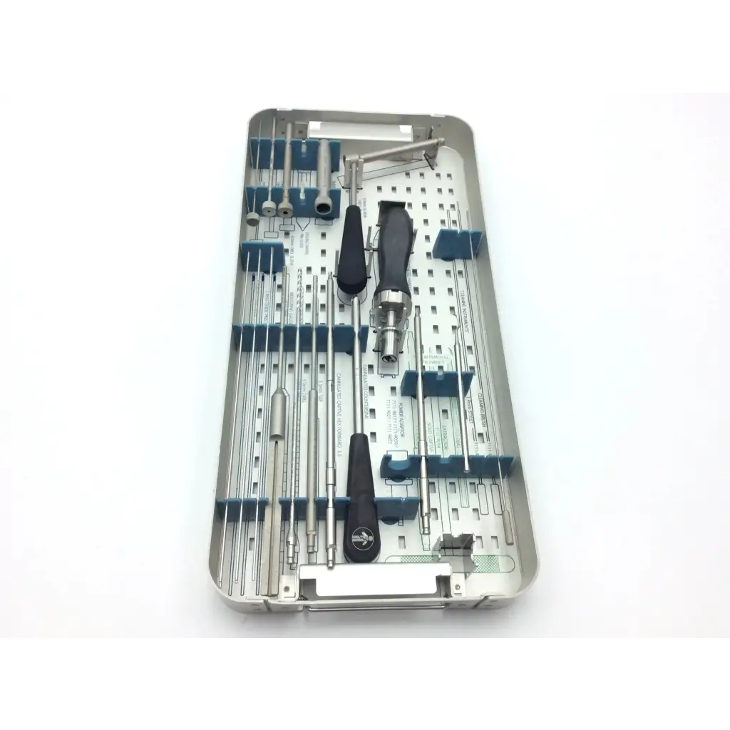Silver Smith & Nephew 5.5 mm cannulated screw set with black-handled surgical tools and blue plastic dividers