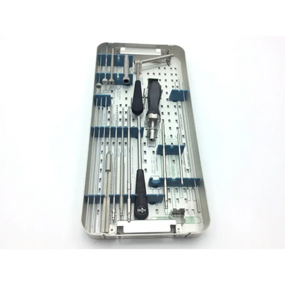 Silver Smith & Nephew 5.5 mm cannulated screw set with black-handled surgical tools and blue plastic dividers