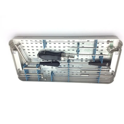 Silver surgical instrument tray with black-handled tools and blue organizers in smith and nephew 5.5 mm cannulated screw set