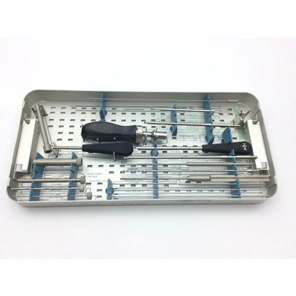 Stainless steel smith & nephew 5.5 mm cannulated screw set with black ergonomic handles and blue dividers in kit