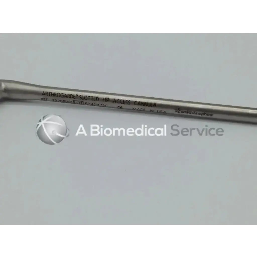 Silver metallic arthrogarde slotted hip access cannula with engraved text and smooth cylindrical design by Smith & Nephew
