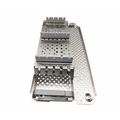 Stainless steel surgical instrument tray with perforated design and compartments in biomed certified premium ii shoulder sterilization case