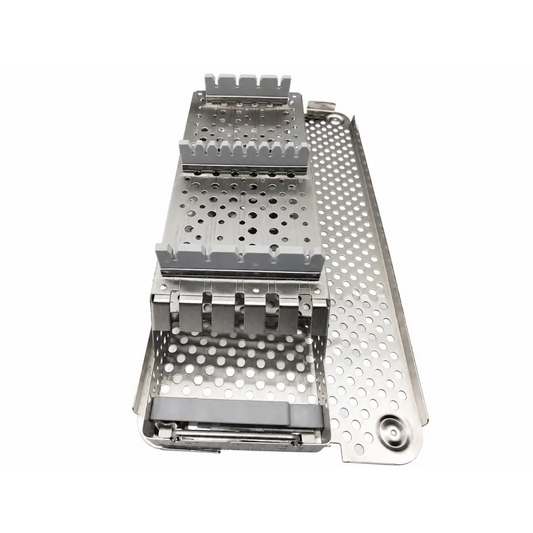 Stainless steel surgical instrument tray with perforated design and compartments in premium ii shoulder sterilization case
